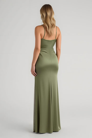 Olive satin froncé spaghetti bretelles longue gaine robe de demoiselle d’honneur